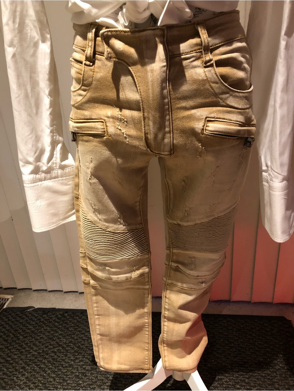 Balmain Beige Jeans w/Gold Woven Label Detail